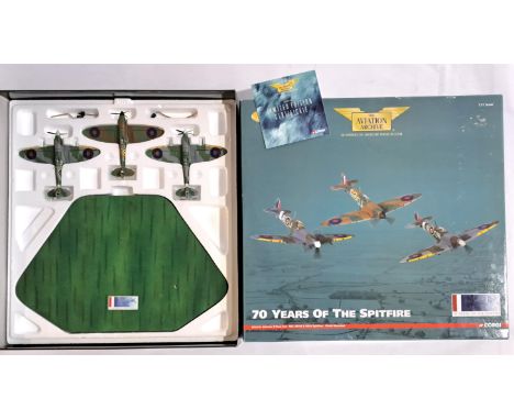 Corgi Aviation Archive, a boxed 1:72 scale AA99189 Johnnie Johnson 3 Piece Set - MkI, MkVB &amp; MkIX Spitfires - Plinth Moun