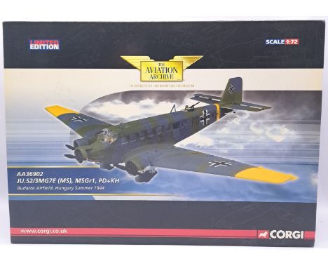 Corgi Aviation Archive, a boxed 1/72nd scale AA36902 JU-52/3MGZE (MS) MSGR1, PD+KH. Although not checked for completeness, co