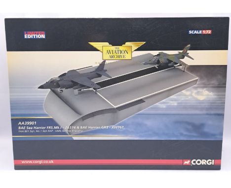 Corgi Aviation Archive, a boxed 1/72nd scale AA39901 BAE Sea Harrier FRS.MK1-ZA174 and BAE Harrier GR3-XW767, FAA 801 Squadro