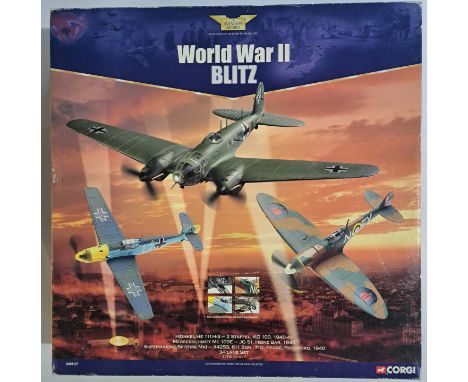 Corgi Aviation Archive, a boxed AA99127 1/72nd scale "World War II Blitz" Heinkel HE111 H-3 - Messerschmitt ME109E - Supermar