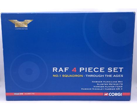 Corgi Aviation Archive, a boxed AA99170 (1/72nd scale) - "RAF" 4-piece Set - "No.1 Squadron" Through the Ages includes Hurric