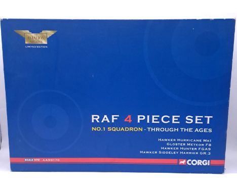 Corgi Aviation Archive, a boxed AA99170 (1/72nd scale) - "RAF" 4-piece Set - "No.1 Squadron" Through the Ages includes Hurric