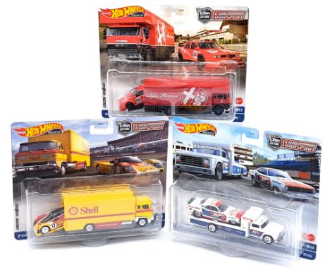 Mattel Hot Wheels Premium Team Transport sets x3, to include #53 Alfa Romeo 155 V6Ti &amp; Fleet Flyer, #46 '72 Plymouth Cuda