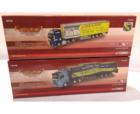 Corgi, a boxed Pair of Hauliers of Renown 1:50 Scale Models. Includes CC14018 Volvo FH12 Open Curtainside with Box Load "R.M.