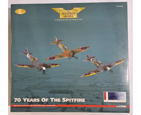 Corgi Aviation Archive, a boxed 1:72 scale AA99189 Johnnie Johnson 3 Piece Set - MkI, MkVB &amp; MkIX Spitfires - Plinth Moun