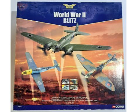 Corgi Aviation Archive, a boxed AA99127 1/72nd scale "World War II Blitz" Heinkel HE111 H-3 - Messerschmitt ME109E - Supermar