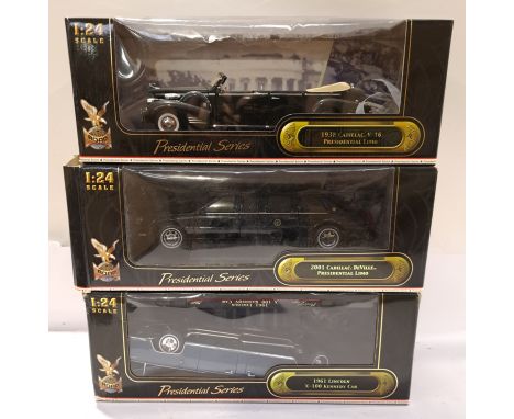 Road Signature (Yat Ming), a boxed Group of 1:24 Scale Presidential Series Vehicles. Includes 1961 Lincoln X-100 Kennedy Car 