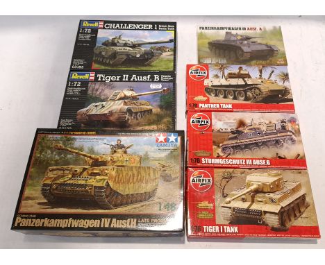 Tamiya, Airfix &amp; Similar, a boxed Group of Tank Model Kits. Includes A0108 1:76 Scale Tiger I Tank with others. Although 
