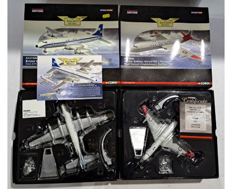 Corgi Aviation Archive a boxed 1:144 scale pair to include; AA31508 - Bristol Britannia Srs.313 'EL AL' and AA35603 - Hawker 