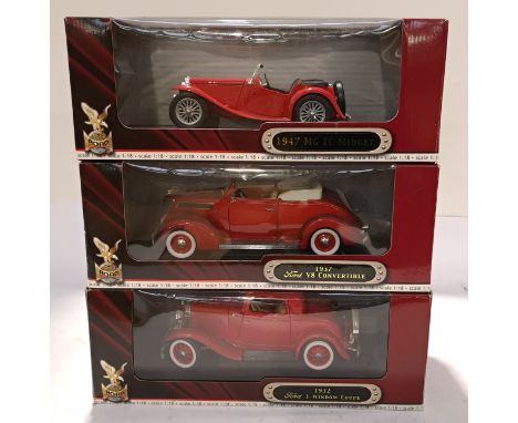 Road Signature (Yat Ming), a boxed Group of 1:18 Scale Vehicles. Includes 1947 MG TC Midget with others. Although unchecked f