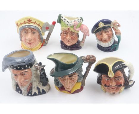 Six Royal Doulton small character jugs, The Red Queen, Old salt, Ugly Duchess, Pied Piper, The Wizard and Captain Henry Morga