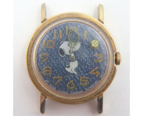 TIMEX: 1960s Snoopy mystery dial wristwatch head, circular blue denim pattern dial with large red and yellow Arabic chapters,