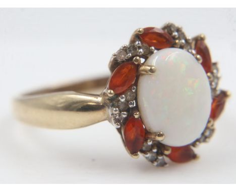 9ct gold opal, citrine and diamond set cocktail ring, size S, 3.3g. UK P&amp;P Group 0 (£6+VAT for the first lot and £1+VAT f