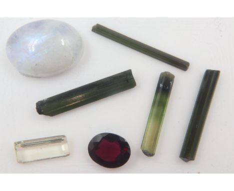 Loose gemstones, including garnet, scapolite and moonstone, Opal 18 x 13 mm, Scapolite 12 x 5 mm, Garnet 10 x 8 mm. UK P&amp;