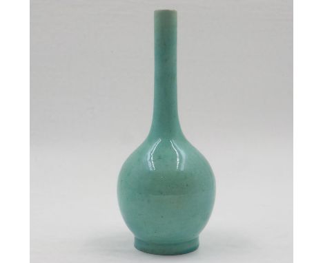 Chinese bud vase in celadon glaze, H: 21 cm, light crazing throughout, base partially glazed, some fleabite chips around base