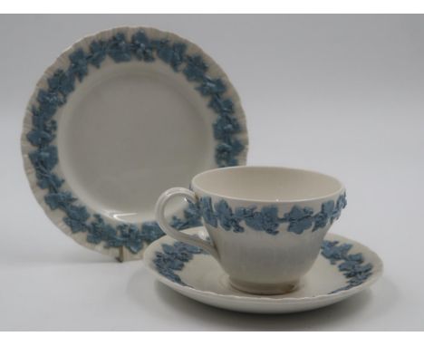 Six Wedgwood blue on white Queensware tea trios (18), one cup chip to rim, one cup chip to base, one cup two small chips to r
