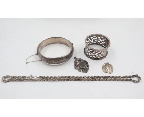 Collection of mixed 925 silver jewellery including a snap bangle, fob and St Christopher, with a Chester hallmarked silver na