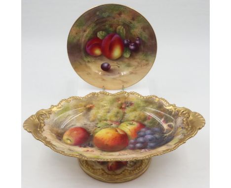 Royal Worcester Tazza, signed Ricketts ( hairline ) and a side plate, D: 18 cm, plate no chips cracks but minor surface scrat