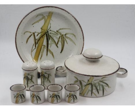 Midwinter mid-century dinnerware in the Stonehenge pattern, thirty nine pieces. Not available for in-house P&amp;P