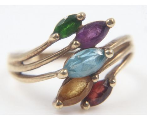9ct gold asymmetric multi-gemstone set ring, size R/S, 3.4g. UK P&amp;P Group 0 (£6+VAT for the first lot and £1+VAT for subs