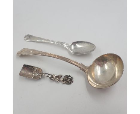 Hallmarked silver ladle and spoon combined 112g, and a continental silver sugar spoon. UK P&amp;P Group 1 (£16+VAT for the fi
