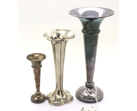 Two hallmarked silver trumpet vases, weighted and another, mixed assay marks, largest H: 15 cm. P&amp;P Group 2 (£18+VAT for 