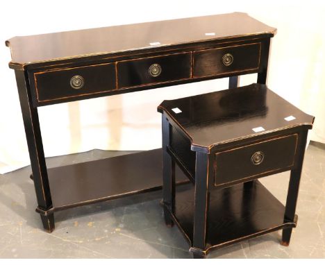 An ebonised three drawer console table, 110 x 35 x 80H cm and a matching single drawer lamp table. Not available for in-house