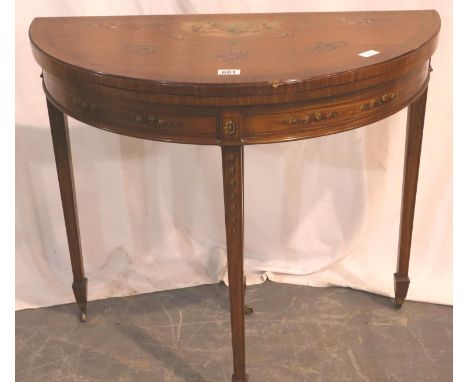 Edwardian painted and inlaid walnut fold over card table, demi-lune, 84 x 42 x 76H cm. Not available for in-house P&P, contac