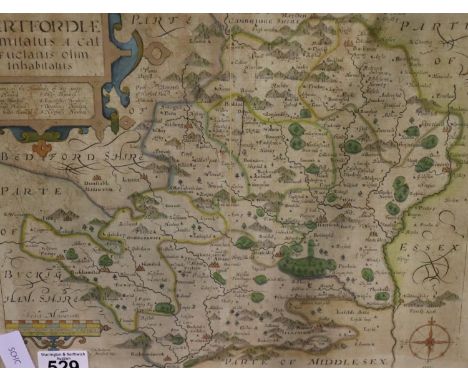 Johannes Norden hand coloured engraved map of Hartfordiae showing the hundreds, 35 x 28 cm. Not available for in-house P&amp;