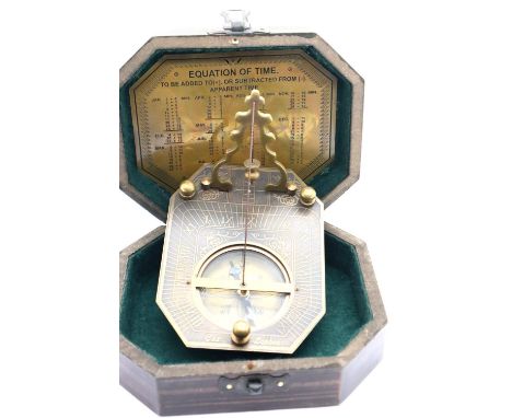 Boxed brass sundial compass marked Cox London. P&amp;P Group 1 (£14+VAT for the first lot and £1+VAT for subsequent lots) 