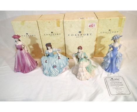 Coalport, four boxed bisque figurines from the Age of Elegance series, Evening Promenade, Victoria Gardens, on the balcony an