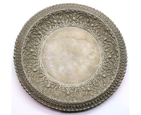 Oriental white metal circular footed platter, D: 18 cm, 128g, stamped S.S. verso. P&amp;P Group 1 (£14+VAT for the first lot 