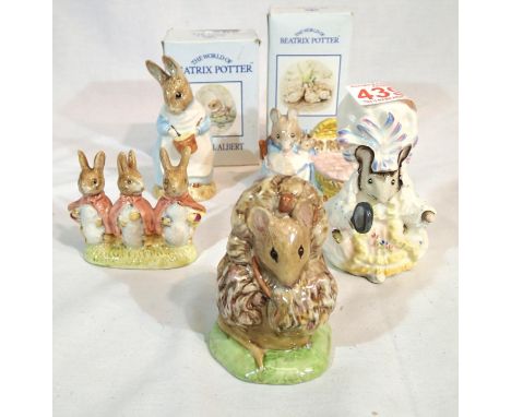 Royal Albert Beatrix Potter, five ceramic figures, including a boxed Hunca Munca, all first quality. P&P Group 2 (£18+VAT for