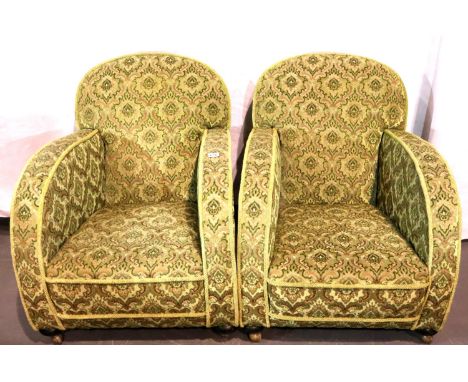 Pair of upholstered Art Deco armchairs on bun feet. Not available for in-house P&amp;P, contact Paul O'Hea at Mailboxes on 01