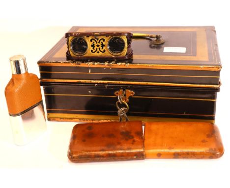 Metal deeds box with key containing folding Bakelite binoculars and a hip flask.  P&amp;P Group 2 (£18+VAT for the first lot 