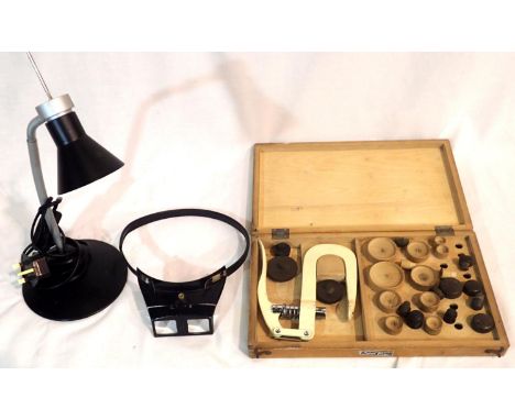 Boxed watch glass press, lamp and eyeglass head sets. P&amp;P Group 2 (£18+VAT for the first lot and £3+VAT for subsequent lo