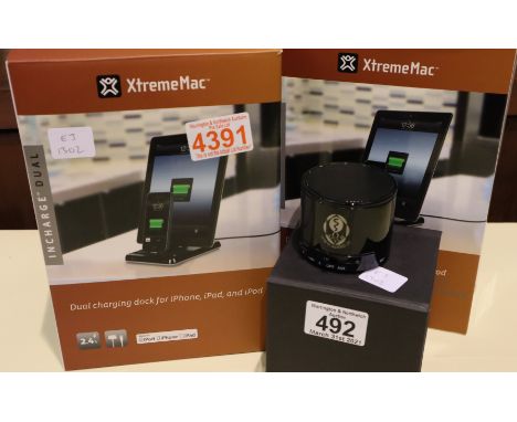 Xtrememac boxed dual charging dock for Apple iPad, iPhone and iPod, and a boxed bluetooth speaker. P&amp;P Group 1 (£14+VAT f