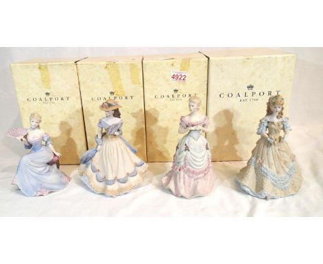 Coalport, four boxed bisque figurines from the Age of Elegance series, Spanish Serenade, Chelsea Reception, Easter Bonnet and
