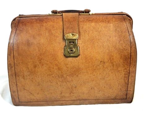 Tan leather vintage expanding briefcase with Cheney brass lock, together with a Perfect Oval bowler hat. P&amp;P Group 2 (£18