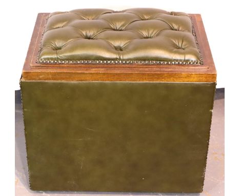 20th century mahogany fireside log bin, bound in leather with studwork and with a Chesterfield style buttoned seat to the lid