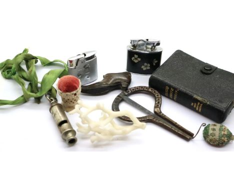 Mixed collectables, including a pin cushion and a damaged Georgian shoe form snuff box. P&amp;P Group 2 (£18+VAT for the firs