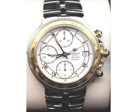 Raymond Weil gents Parsifal automatic chronograph wristwatch with 18ct gold bezel and pushers, white dial, stainless steel br