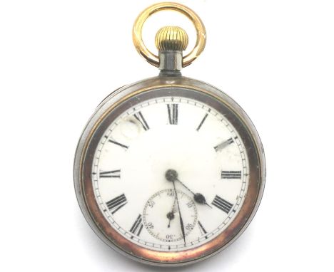 Swiss gun metal cased pocket watch, general lever movement, damage to enamel dial, otherwise working, dial D: 36 mm. P&amp;P 