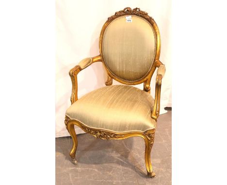 Carved giltwood French Roccoco style upholstered elbow chair. Not available for in-house P&amp;P, contact Paul O'Hea at Mailb