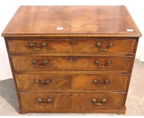 Georgian inlaid mahogany chest of four locking long drawers, 52 x 90 x 74H cm. Not available for in-house P&amp;P, contact Pa