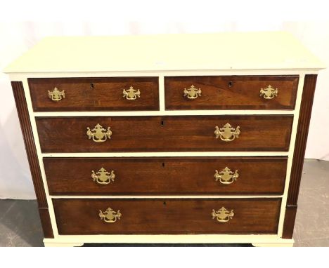 Crossbanded oak chest of two short over three long drawers, raised on bracket feet, painted, 118 x 53 x 98H cm. Not available