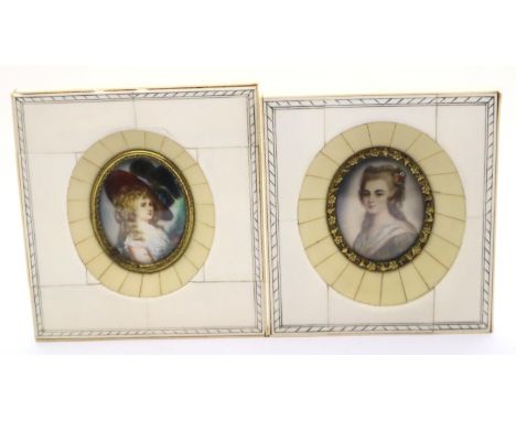 Pair of piano key ivory framed portrait miniatures, each 50 x 40 cm. P&amp;P Group 2 (£18+VAT for the first lot and £3+VAT fo