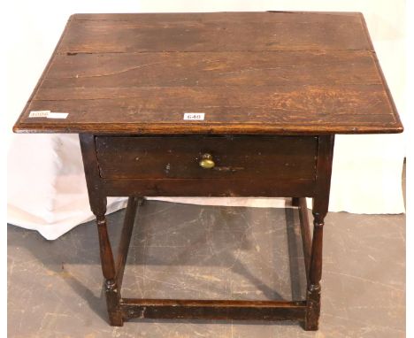 An 18th century peg jointed lowboy, single drawer with plank top, with some later replaced parts, 73 x 55 x 58H cm. Not avail