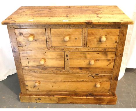 A rustic pine chest comprising three above two over single drawers, 104 x 55 x 90H cm. Not available for in-house P&amp;P, co