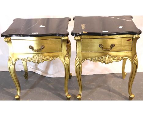 Pair of marble top gilt Roccoco style single drawer bedside chests, 50 x 41 x 60H cm. Not available for in-house P&amp;P, con